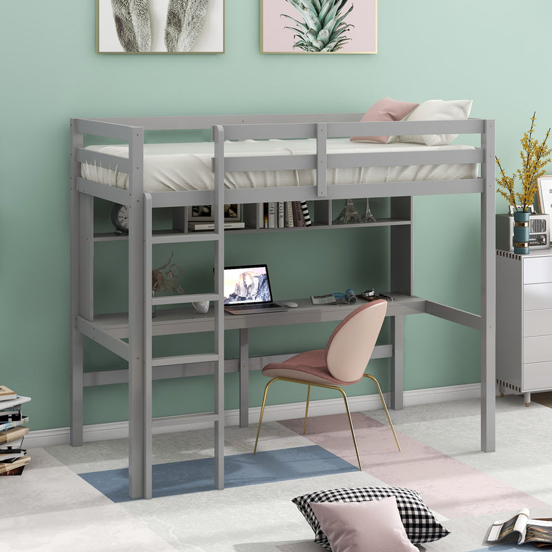Twin Size Loft Bed with Convenient Desk, Shelves, and Ladder, White