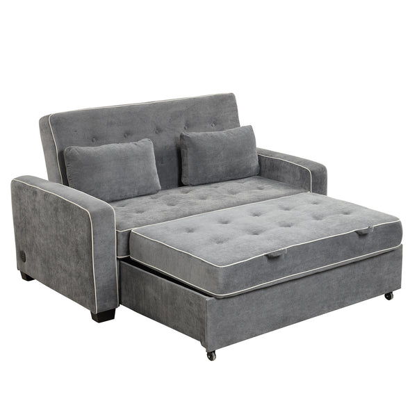 65.7" Linen Upholstered Sleeper Bed , Pull Out Sofa Bed Couch attached two throw pillows,Dual USB Charging Port and Backrest -Charcoal Gray