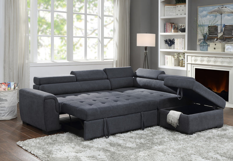 Haris Dark Gray Sleeper Sofa Sectional with Adjustable Headrest and Storage Ottoman